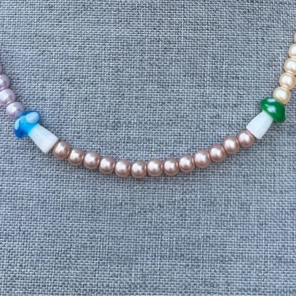 Two (2) Urban Outfitters OU Layering Blue Mushroom Sundial Beaded Necklaces NWT - Picture 5 of 10